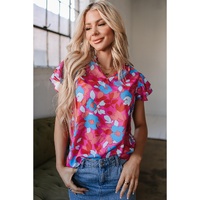 Rose Red Ruffled Sleeve Floral Blouse - L thumbnail