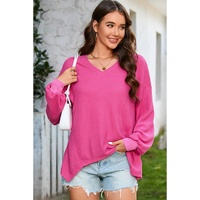 Bright Pink Waffle V Neck Long Sleeve Drop Shoulder Loose Blouse - L thumbnail