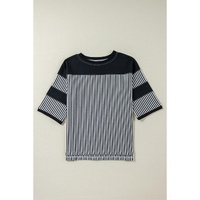 Black White Striped Patchwork 3/4 Sleeve Oversize Top - M thumbnail