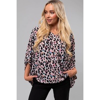 Pink Multicolor Leopard Print V Neck Oversized Blouse - L thumbnail