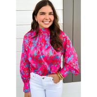 Purple Printed Bubble Sleeve Mock Neck Blouse - L thumbnail