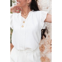 White Embroidered Ruffle Trim Textured Blouse - S thumbnail