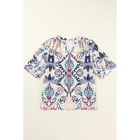 White Abstract Printed Notched V Neck Split Half Sleeve Blouse - L thumbnail