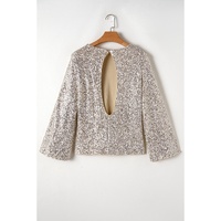 Silvery Sequin Puff Sleeve Cutout Back Blouse - S thumbnail
