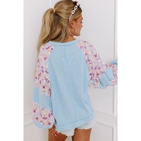 Beau Blue Textured Floral Patchwork Balloon Sleeve Blouse - L thumbnail