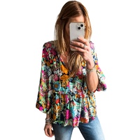 Multicolour Floral Print Bubble Sleeve V Neck Ruffled Blouse - L thumbnail