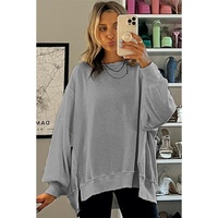 Gray Waffle knit Bishop Sleeve Split Oversized Top - S thumbnail