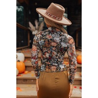 Brown Floral Long Sleeve High Neck Sheath Mesh Blouse - M thumbnail