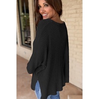 Black Waffle Knit Side Slits Loose Fit V Neck Top - L thumbnail