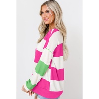 Rose Red Colorblock Striped Drop Shoulder Long Sleeve Top - S thumbnail