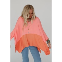 Grapefruit Orange Contrast Color Patchwork Oversized Side Split Top - L thumbnail