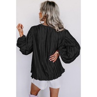 Black Textured Bubble Sleeve V Neck Loose Blouse - M thumbnail