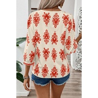 Orange Vintage Geometric Printed 3/4 Sleeve V Neck Blouse - M thumbnail