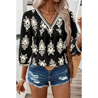 Black Vintage Geometric Printed 3/4 Sleeve V Neck Blouse - M thumbnail