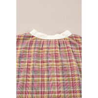 Pink Colorblock Plaid Patchwork Henley Blouse - L thumbnail