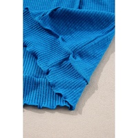 Blue Ribbed Exposed Seam Knit V Neck Long Sleeve Top - L thumbnail