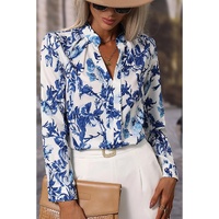 Sky Blue Floral Print Notched Neck Elegant Blouse - L thumbnail