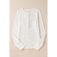 White Solid Color Waffle Half Button Long Sleeve Top - L thumbnail
