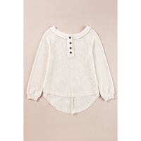 Oatmeal Waffle Knit Buttoned Front Raglan Sleeve Loose Blouse - L thumbnail