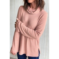 Pink Stripe Cowl Neck Side Slits Loose Fit Long Sleeve Top - L thumbnail