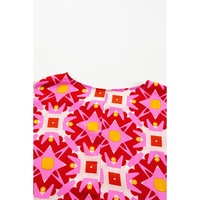 Strawberry Pink Geometric Print Shirred Cuff 3/4 Sleeve Loose Blouse - L thumbnail