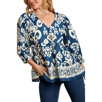 Blue Tribal Geometric Print 3/4 Sleeve Flowy Fit Blouse - L thumbnail