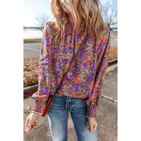 Purple Floral Allover Print Shirred Cuff Frilled O Neck Blouse - L thumbnail