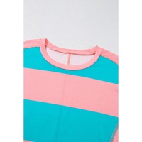 Light Blue Colorblock Striped Drop Shoulder Loose Top - L thumbnail
