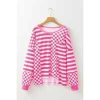 Rose Red Checkerboard Striped Patchwork Lantern Sleeve Pocketed Blouse - L thumbnail