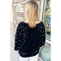 Black Pearl Beaded Half Sleeve Velvet Top - M thumbnail