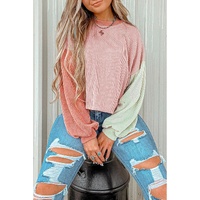 Multicolour Corded Colorblock Patchwork Drop Shoulder Long Sleeve Top - L thumbnail