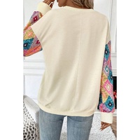 Apricot Geometric Printed Patchwork Long Sleeve Round Neck Top - S thumbnail