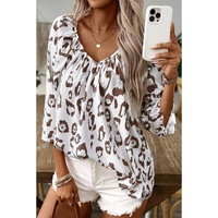 Khaki Leopard Print Ruched V Neck 3/4 Sleeve Blouse - S thumbnail