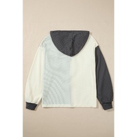 Dark Grey Waffle Colorblock Buttons Placket Drop Shoulder Drawstring Hoodie - M thumbnail