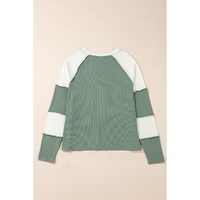 Mint Green Ribbed Colorblock Patchwork Raglan Long Sleeve Top - L thumbnail