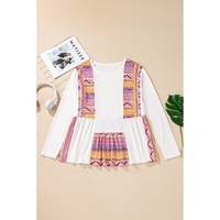 White Western Aztec Print Patchwork Ruffled Tunic Long Sleeve Babydoll Top - L thumbnail