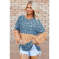 Orange Floral Color Block Patchwork Ruffled Hem Round Neck Blouse - L thumbnail
