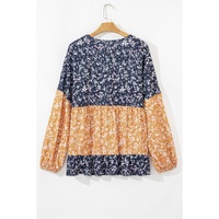 Blue Floral Color Block Patchwork Ruffled Hem Round Neck Blouse - 2XL thumbnail