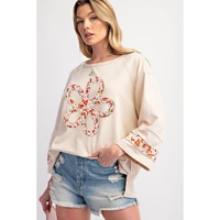 Beige Flower Patch Graphic Exposed Seam Wide Sleeve Top - M thumbnail