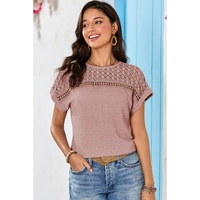 Light Pink Lace Patchwork Waffle Short Sleeve Top - 2XL thumbnail