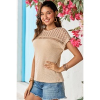 Oatmeal Lace Patchwork Waffle Short Sleeve Top - M thumbnail