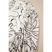 Beige Abstract Print Balloon Sleeve Crew Neck Blouse - L thumbnail