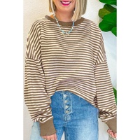 Brown Stripe Loose Drop Shoulder Long Sleeve Top - 2XL thumbnail