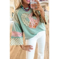 Clearly Aqua Plaid Floral Peace Heart Graphic Wide Long Sleeve Top - L thumbnail