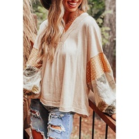 Jet Stream Palm Leaves Polka Dot Puff Sleeve Patchwork V Neck Loose Blouse - 2XL thumbnail