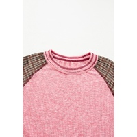 Fushia Mixed Print Raglan Sleeve Ribbed Knit Patchwork Blouse - 2XL thumbnail