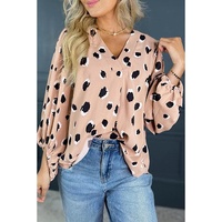 Khaki Classic Leopard V Neck Bracelet Sleeve Blouse - L thumbnail