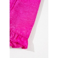 Rose Red Metallic Frilled V Neck Puff Sleeve Babydoll Blouse - M thumbnail