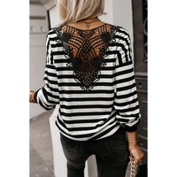 Black Stripe Crochet Hollow-out Back Buttoned Shoulder V Neck Top - L thumbnail