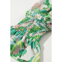 Green Leafy Printed Flounce Sleeve Shirred Mock Neck Blouse - L thumbnail